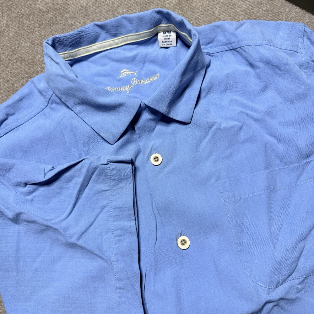 Tommy Bahama Shirt Mens Medium Blue 100% Silk Shadow‎ Palm Jacquard T320095